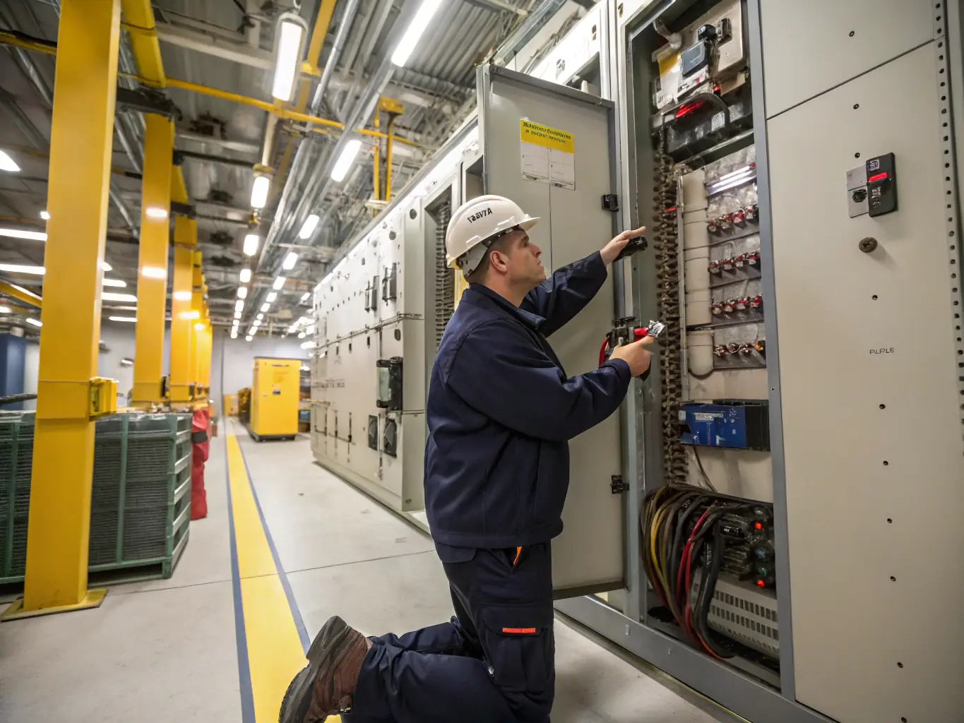 An industrial electrician inspecting heavy-duty electrical equipment in a factory setting, demonstrating industrial electrical installations.